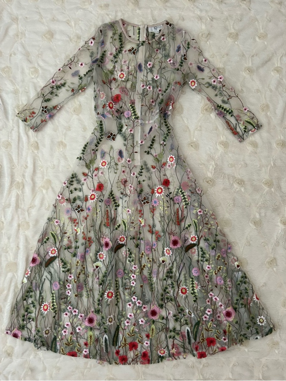 Vintage Bohemian Floral Embroidered Elegant Sheer Dress Multicolor Prom Bridal